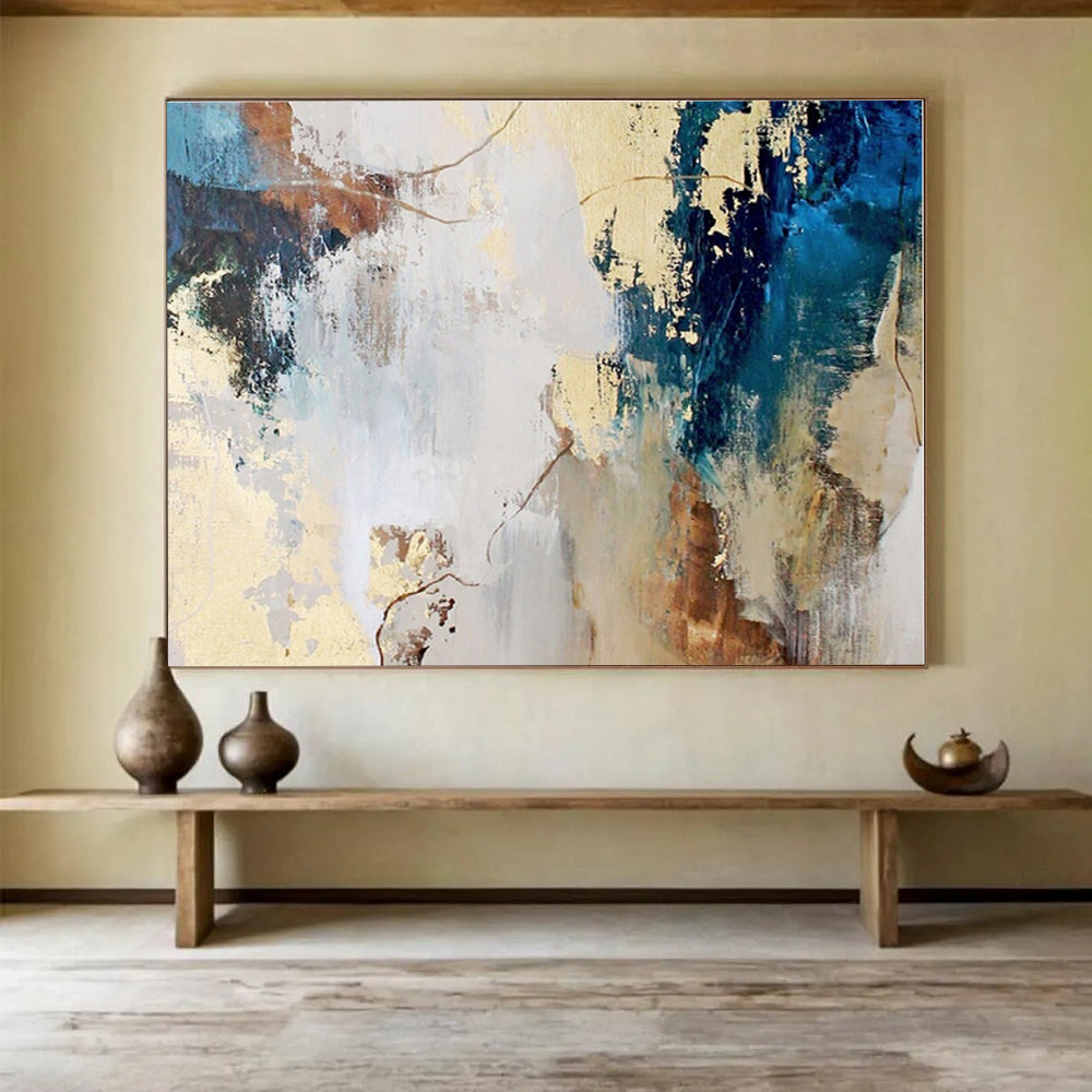 Hand Painted Art Blue, Beige & Gold Textured Abstract On Canvas HPS044