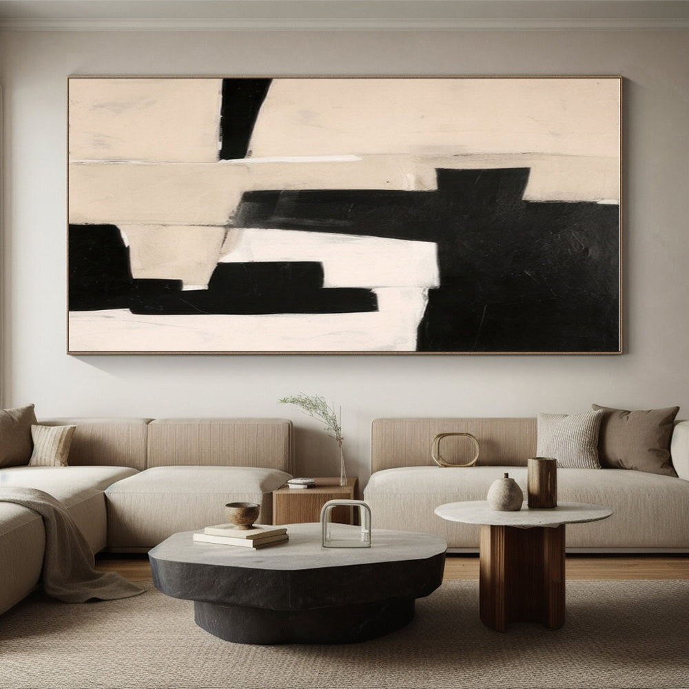Handmade Art Black and Beige Geometric Abstract Art PT667