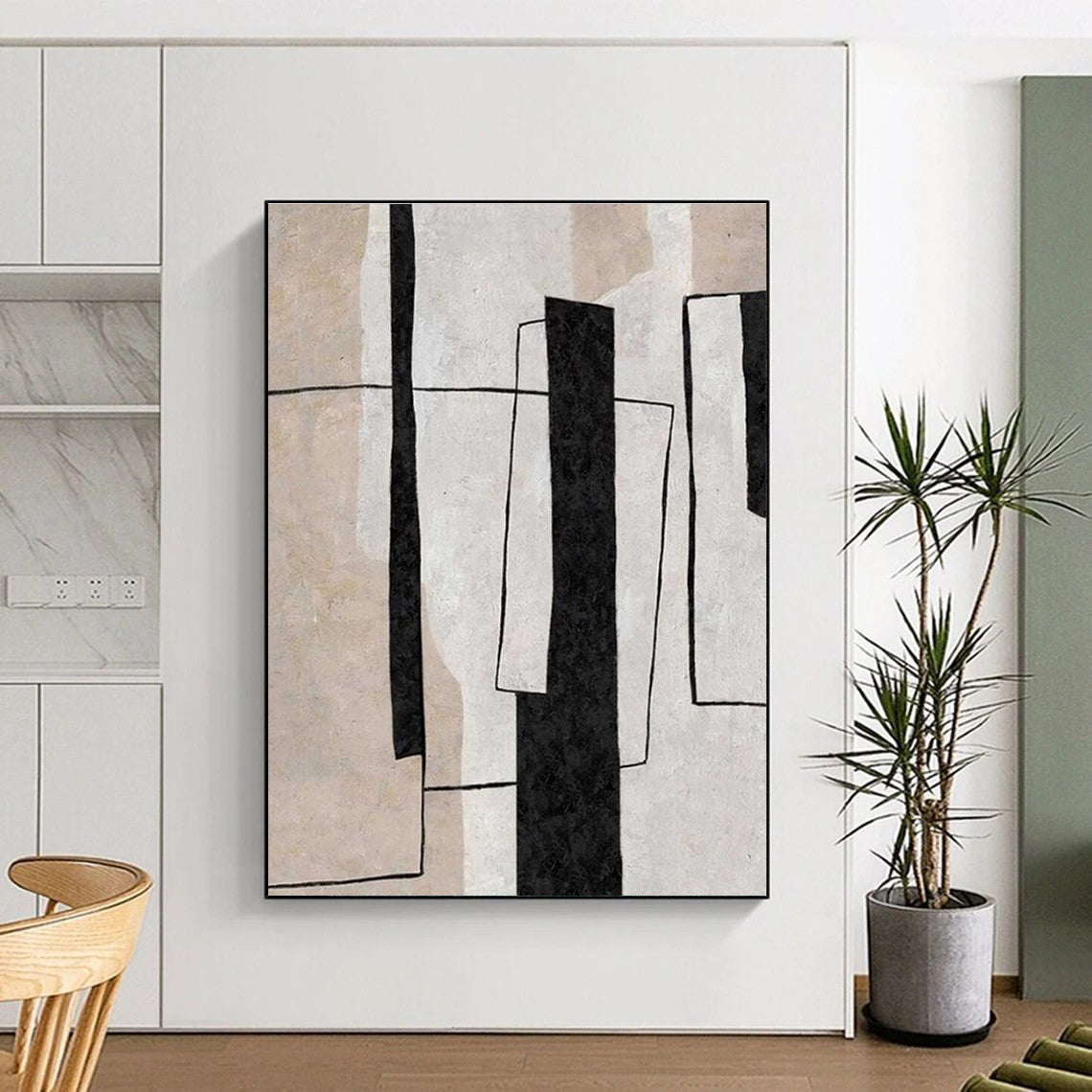 Modern Art Acrylic Black and Beige Geometric Abstract Art PT680