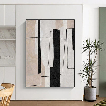 Modern Art Acrylic Black and Beige Geometric Abstract Art PT680