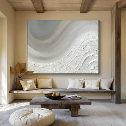 Huge Size White and Gray Textured Abstract Wave Art HPS343