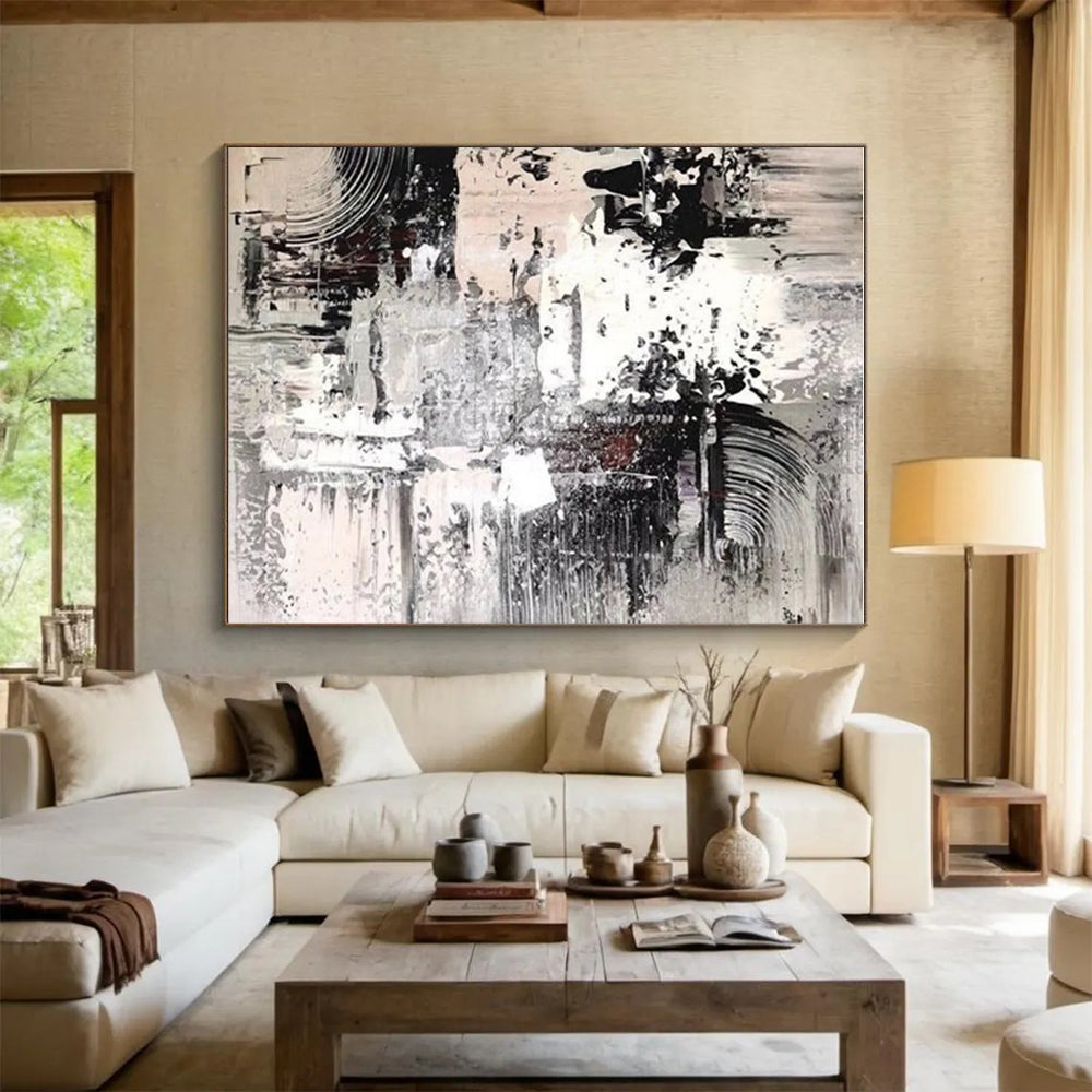 Hand Painted Art in Black, White, and Grey Abstract Textural Layers Painting On Canvas PT272