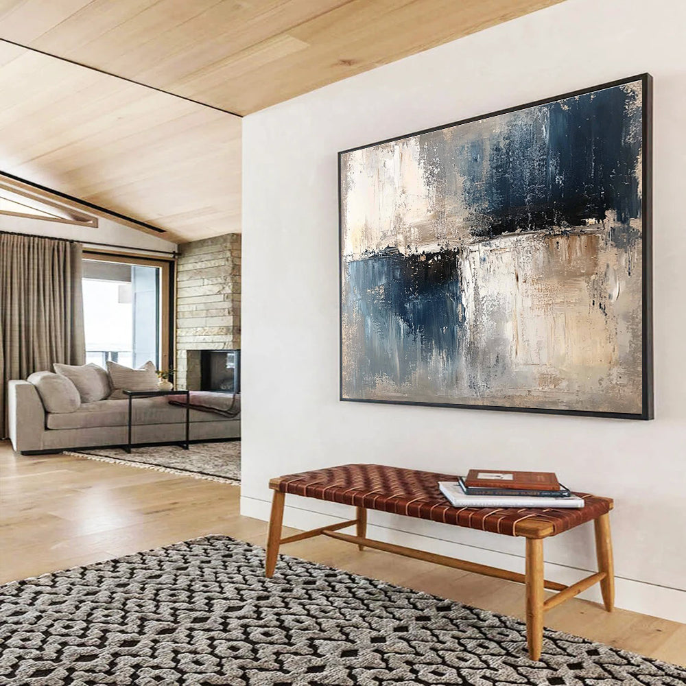 Oversized Abstract Wall Art Blue, Gray & Beige Textured Landscape Abstract Painting HPS277