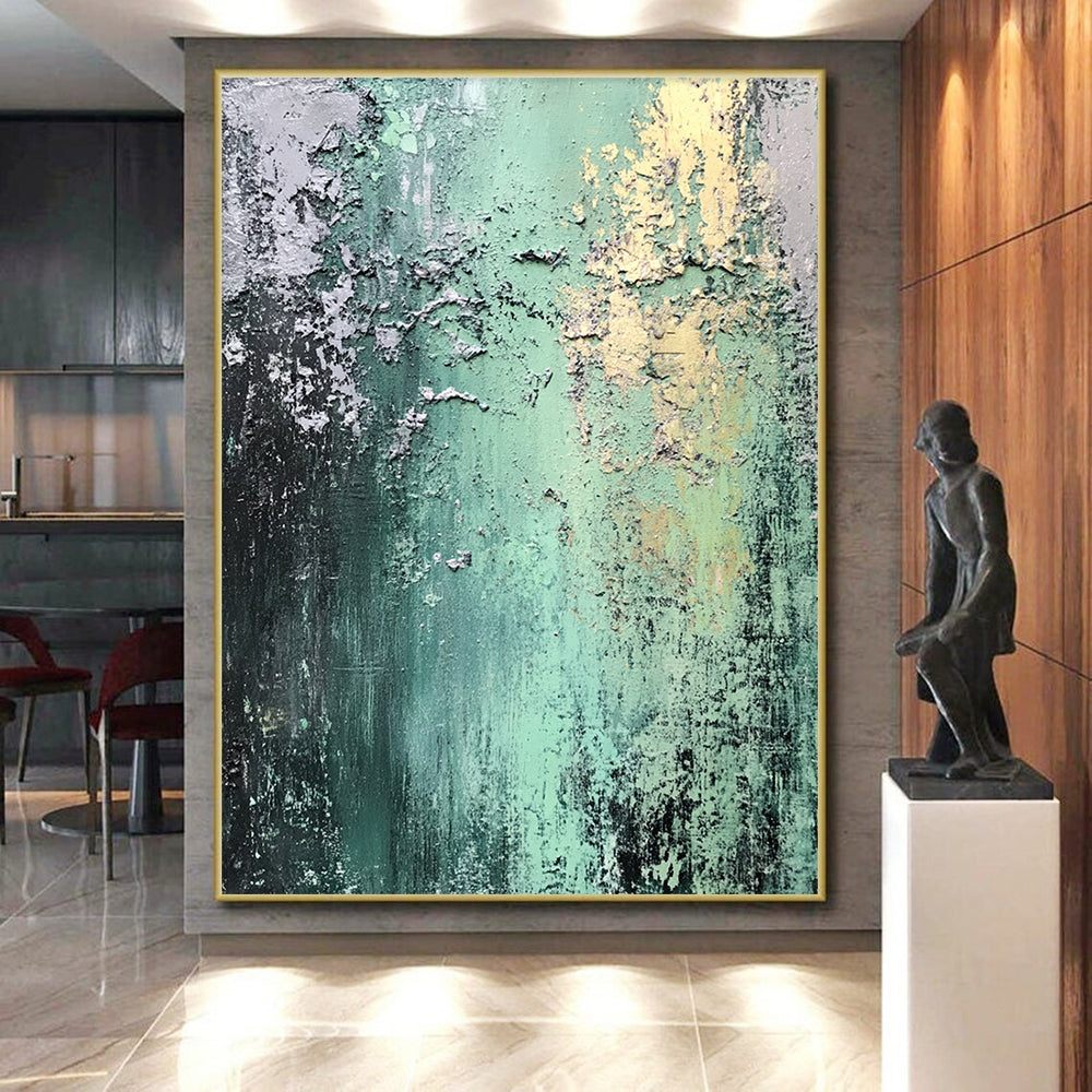Modern Large Abstract Canvas Painting With Green, Gray, Yellow Textured Layers On Canvas PT187