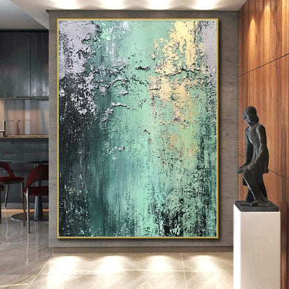 Modern Large Abstract Canvas Painting With Green, Gray, Yellow Textured Layers On Canvas PT187
