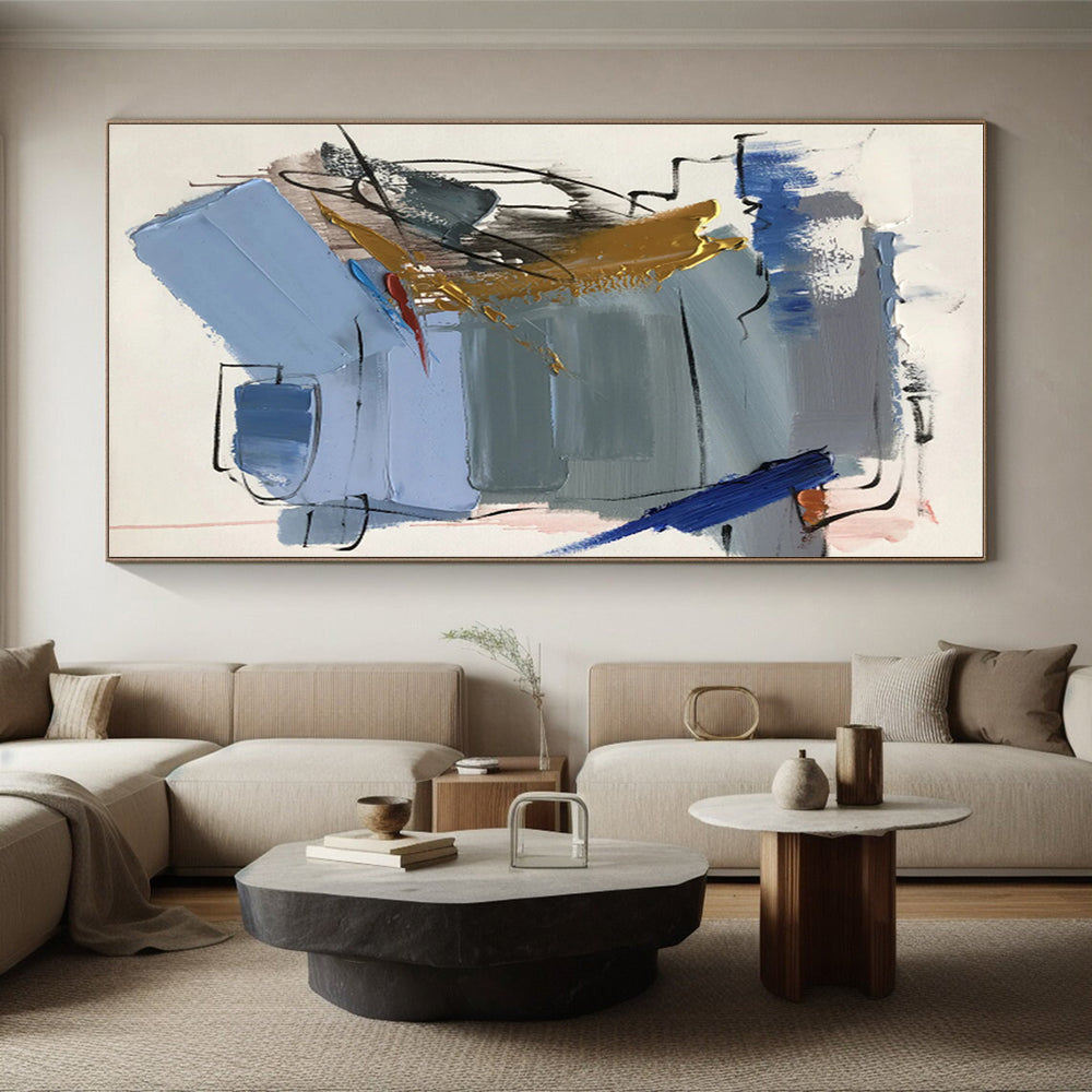 Unique Abstract Art Blue Gray Gold Abstract Composition Acrylic Painting PT471