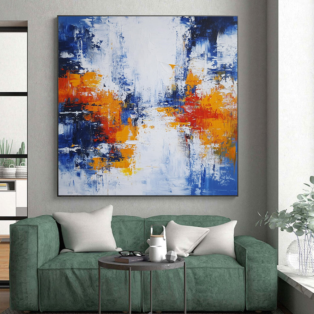 Original Large Abstract Paintings For Sale, Blue White Orange Red Abstract Expressionist Art PT132