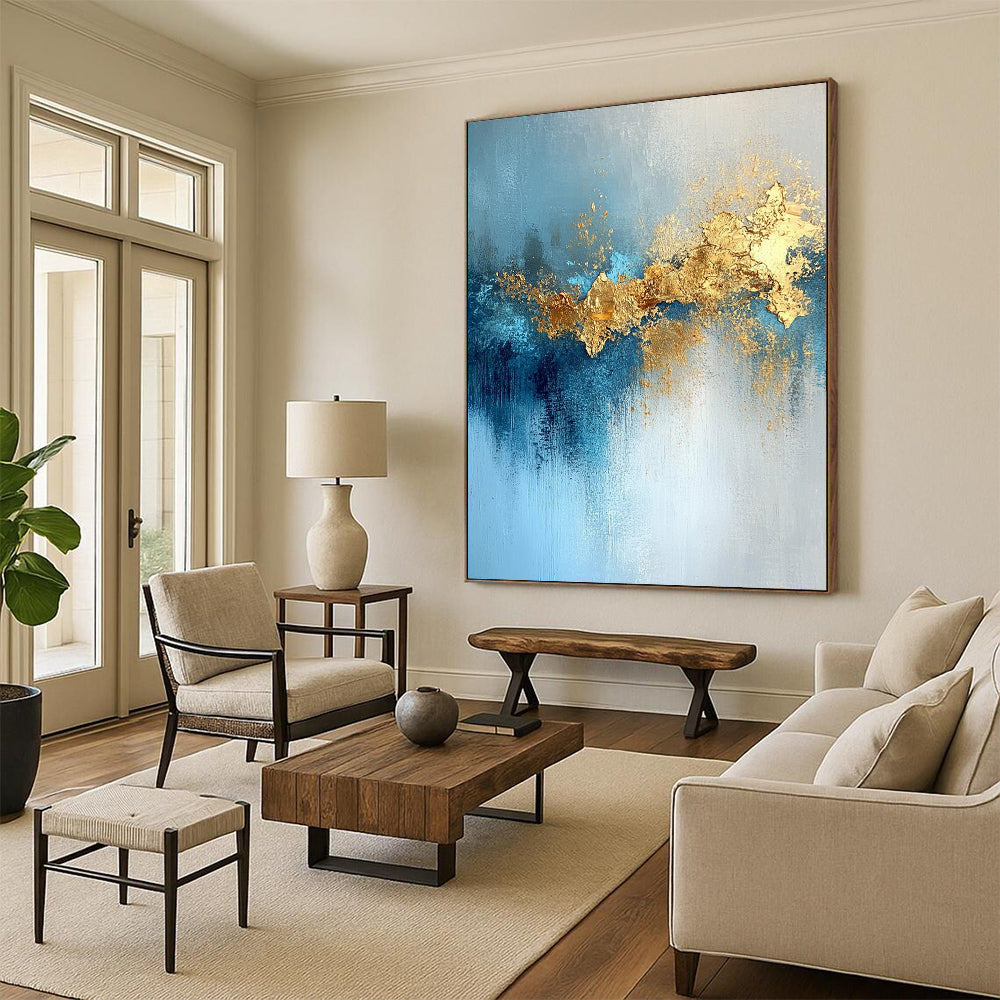 48x60 Blue, Gold & Gray Textured Abstract Painting On Canvas PT116