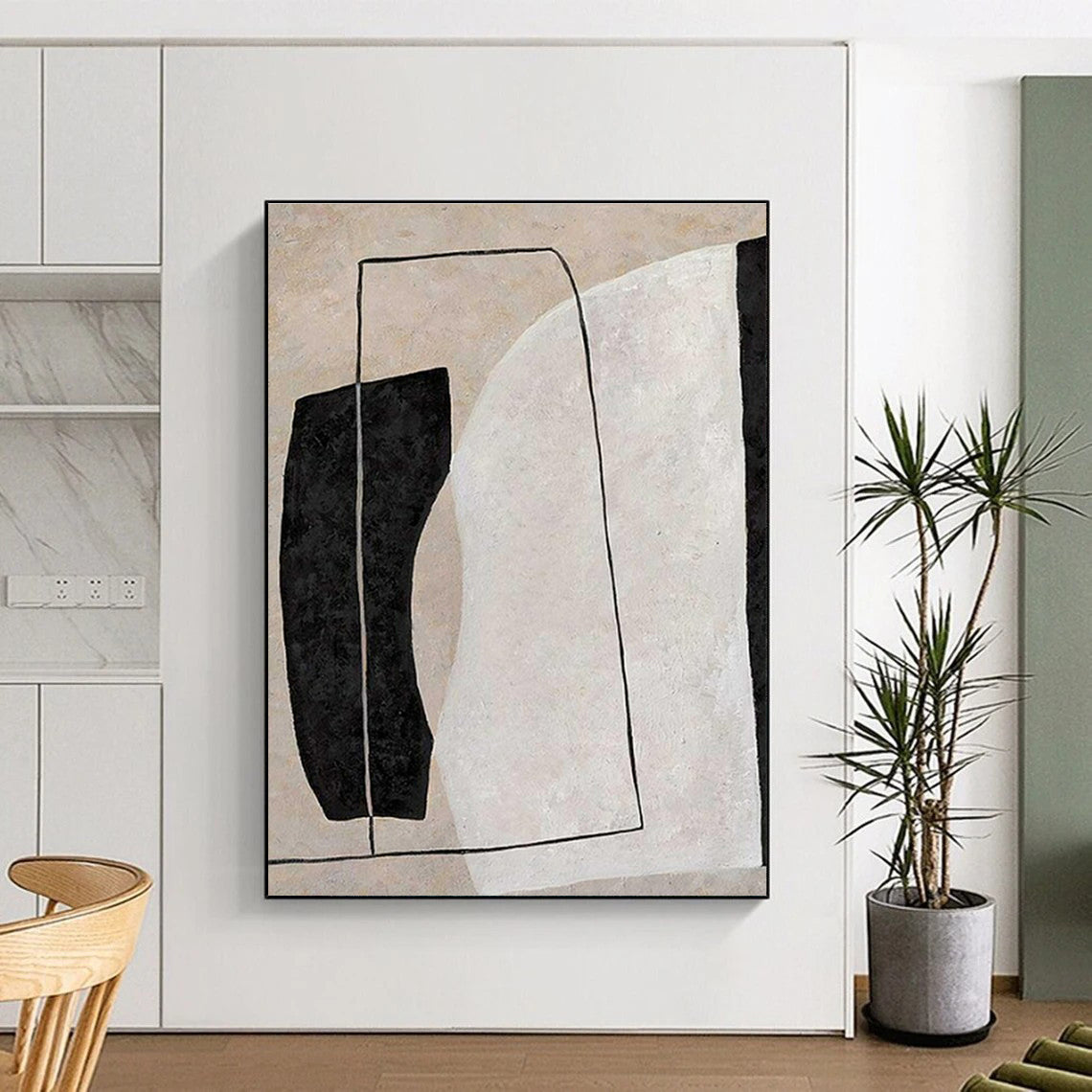 Hand-Painted Black, Beige, and White Geometric Abstract Art PT692