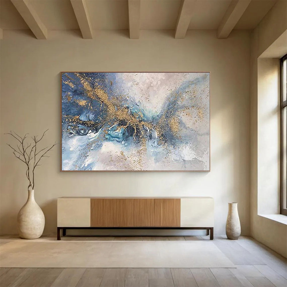 Acrylic Modern Art Paintings Blue, Gray & Gold Abstract Fluid Art HPS155