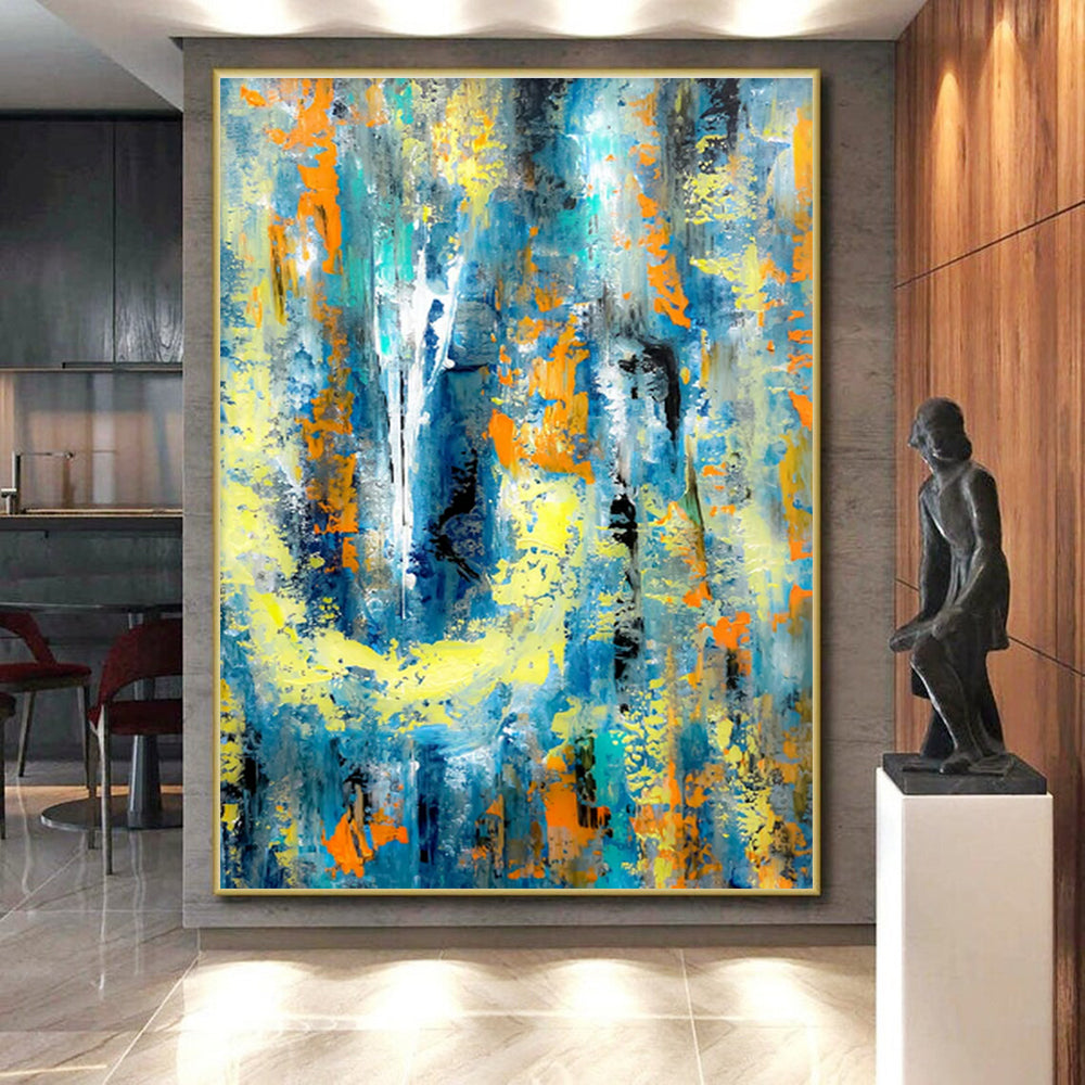 Modern Art Acrylic Blue, Yellow, and Orange Textured Abstract Art PT729