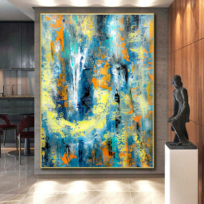 Modern Art Acrylic Blue, Yellow, and Orange Textured Abstract Art PT729