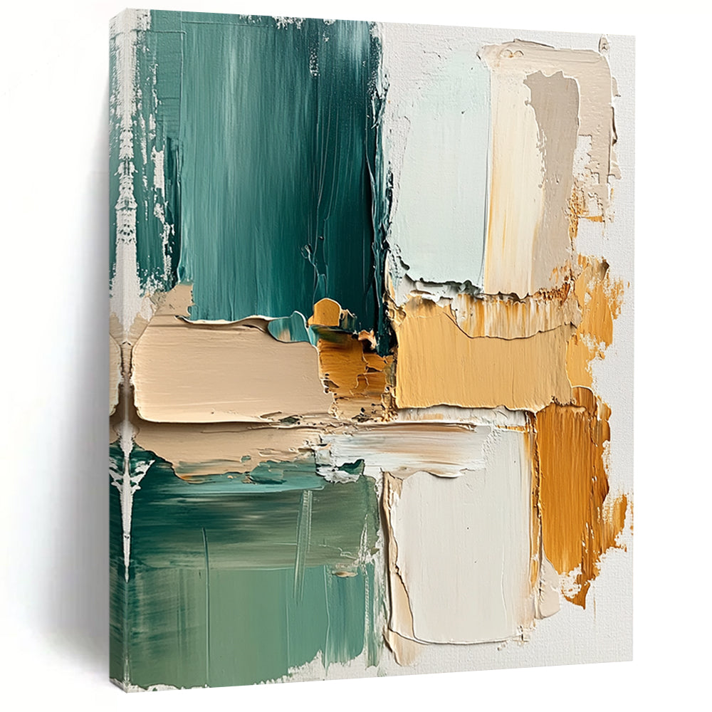 Big Abstract Painting On Canvas, Teal Beige Orange Abstract Textured Art On Canvas PT173