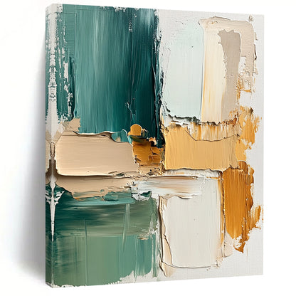 Big Abstract Painting On Canvas, Teal Beige Orange Abstract Textured Art On Canvas PT173