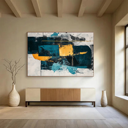 Large Contemporary Wall Art Teal, Yellow, and Black Geometric Abstract Art HPS326