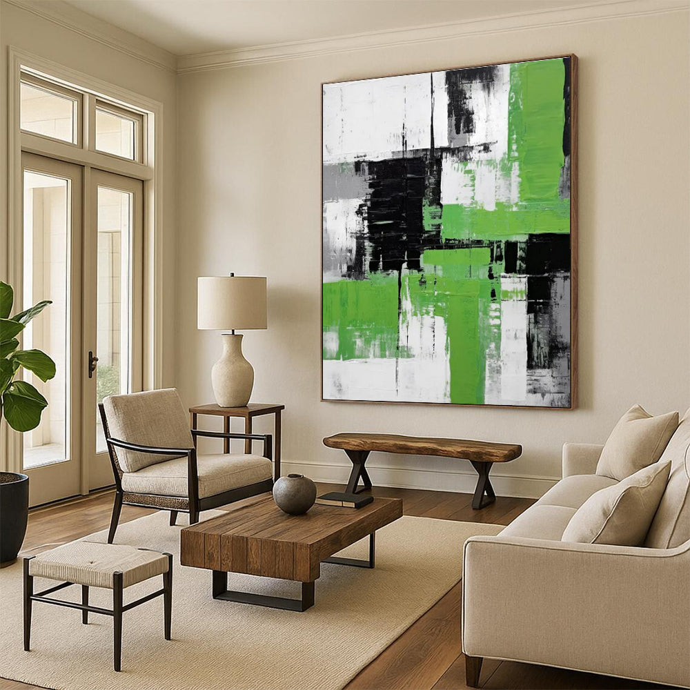 Cool Abstract Paintings Green, Black, White, and Gray Geometric Abstract Art PT796