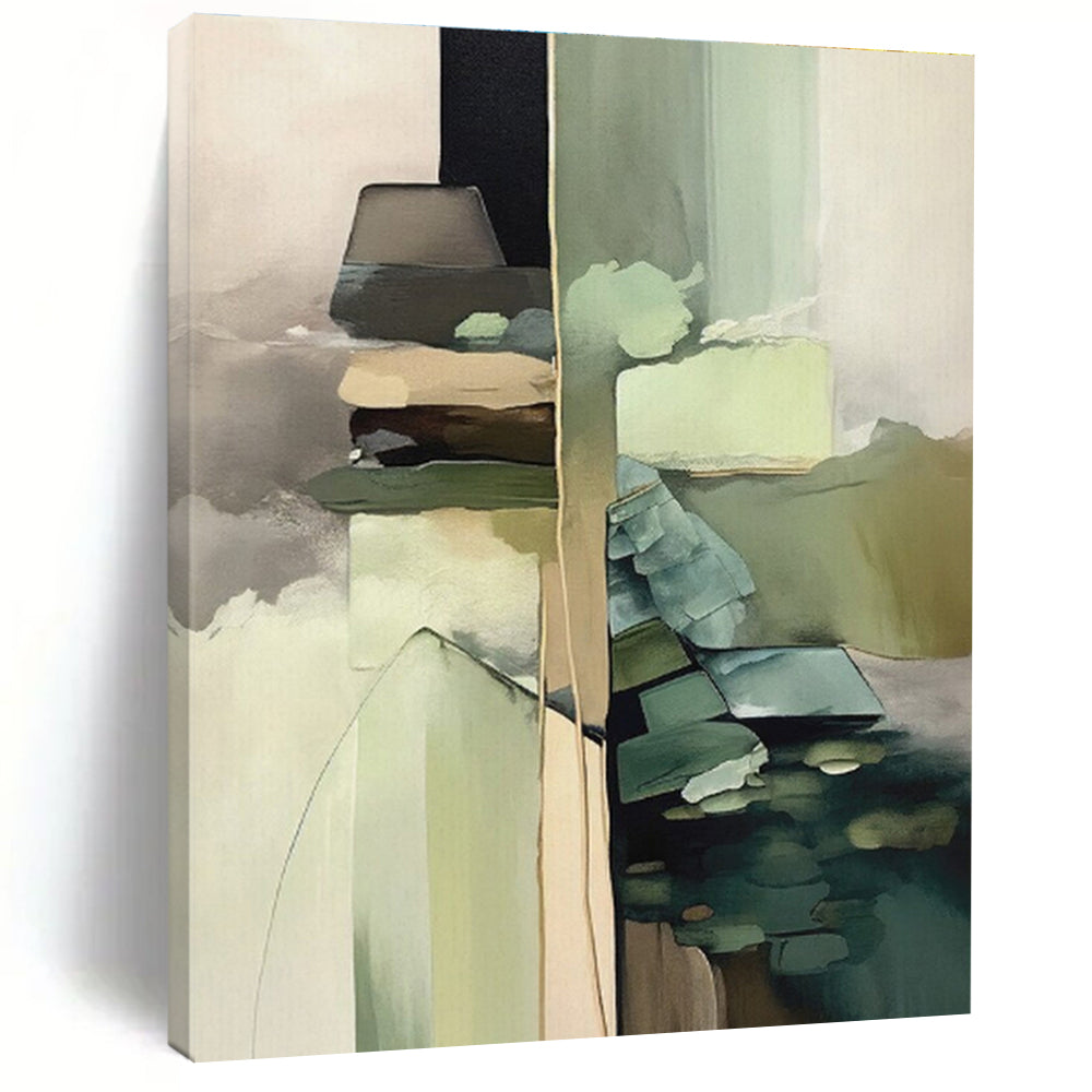 Hand-Painted - Neutral & Green Geometric Blocks Abstract Art with Soft Transitions PT581