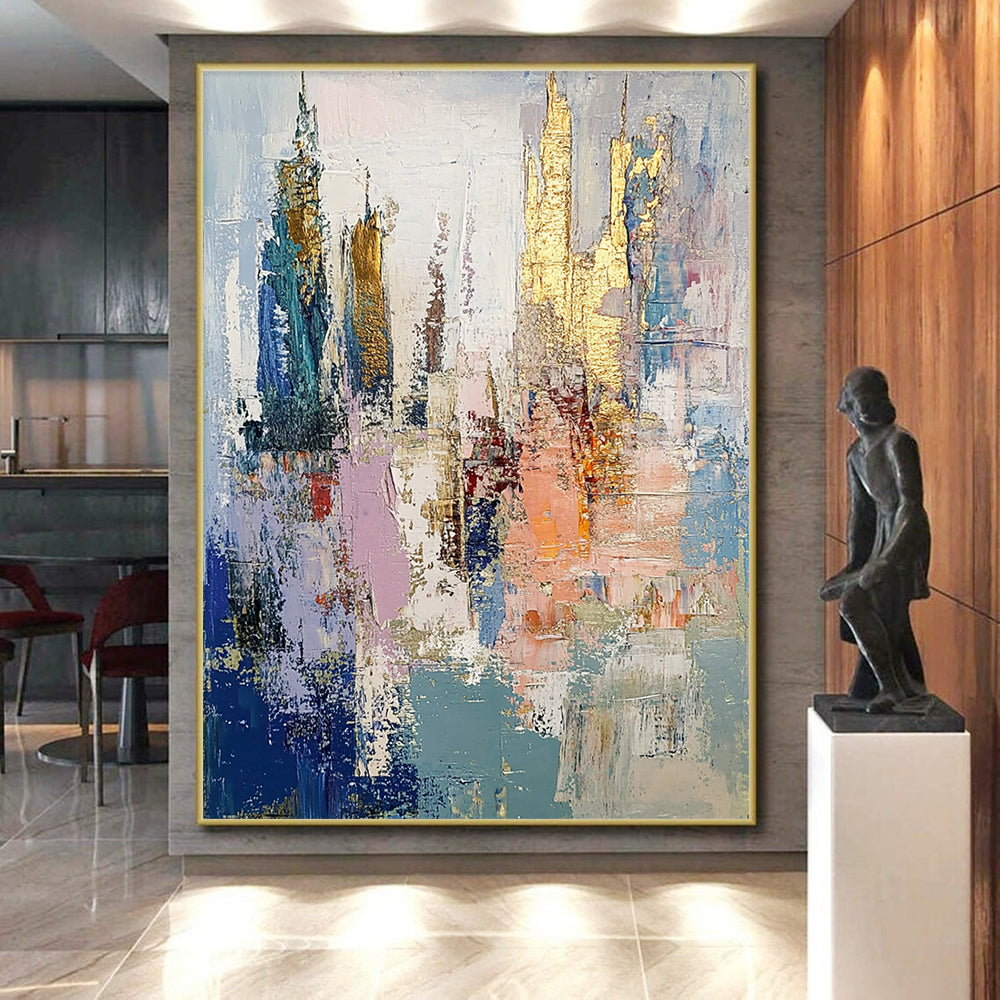 Gold Blue Pink Gray City Abstract Art PT146