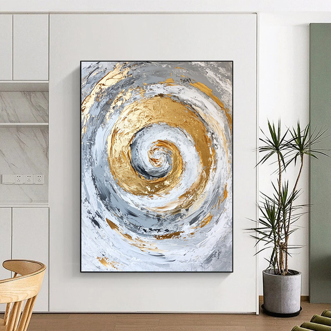 Affordable Large Abstract Wall Art, Gray White Gold Spiral Abstract Art PT138