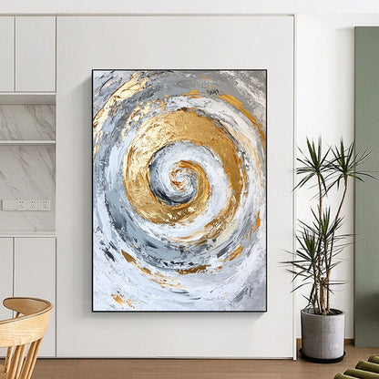 Affordable Large Abstract Wall Art, Gray White Gold Spiral Abstract Art PT138