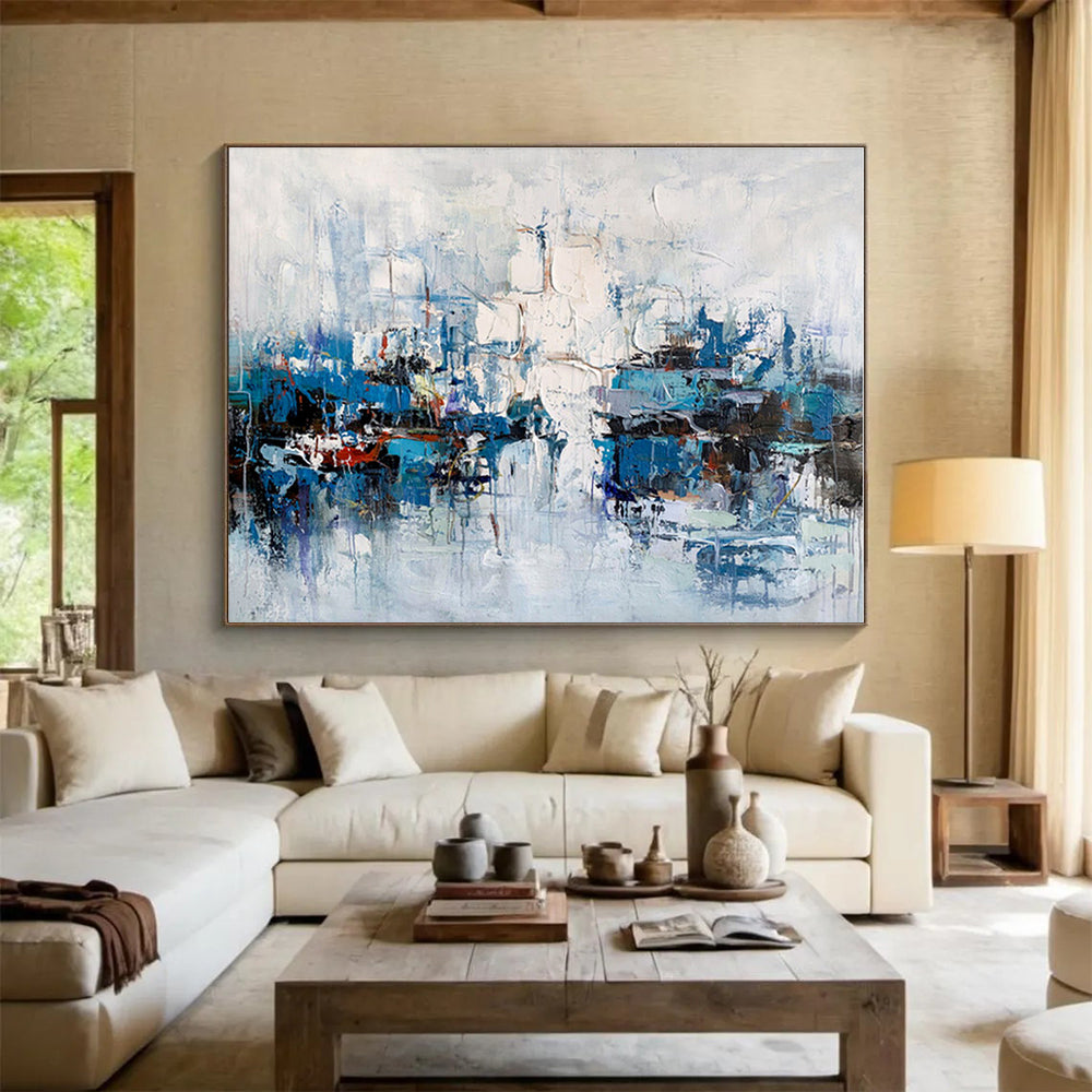 Large Contemporary Wall Art Blue & White Urban Abstract On Canvas HPS055