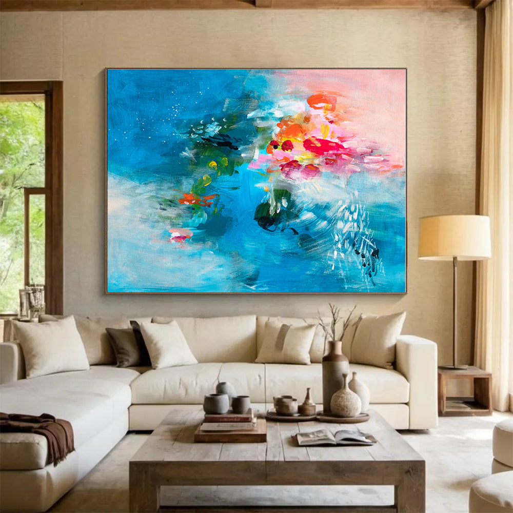 Hand Painted Art Vibrant Blue & Pink Floral Abstract On Canvas HPS021