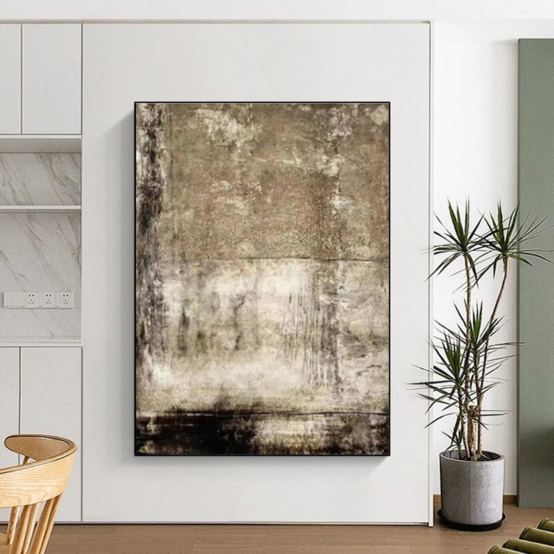 Hand Painted Art Beige Black Textured Abstract Art PT490