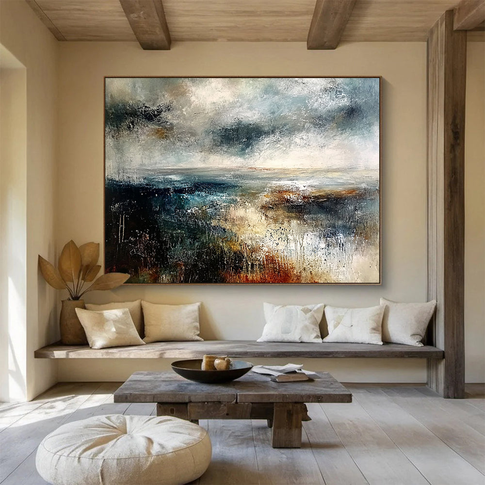 Large Contemporary Wall Art Multicolor (Blue, Gray, Brown, White) Textured Landscape Abstract Painting HPS279
