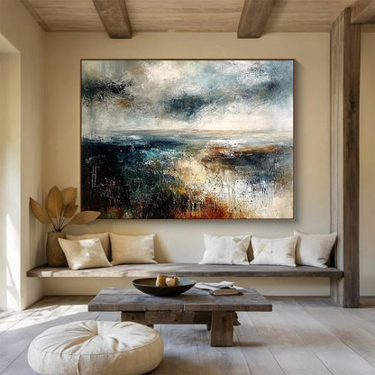 Large Contemporary Wall Art Multicolor (Blue, Gray, Brown, White) Textured Landscape Abstract Painting HPS279