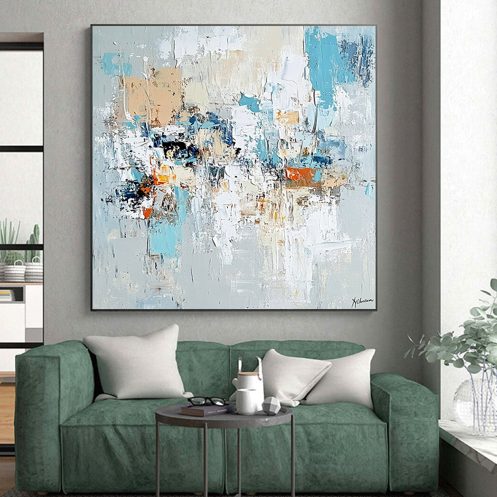 Affordable Large Abstract Wall Art, Blue Beige Orange Abstract Textured Art PT158
