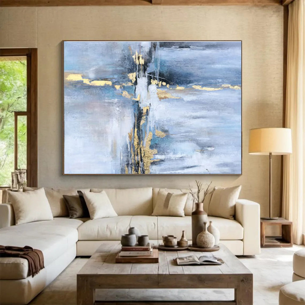 Cool Abstract Paintings Blue, Gray, and Gold Textured Abstract Art HPS378