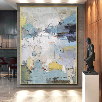 Modern Art Acrylic in Blue, Grey, Yellow, and White Abstract Textural Urban Shapes PT256