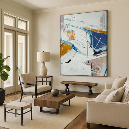 Modern Art Acrylic with Blue, Orange, White, and Black Dynamic Abstract Lines  PT219