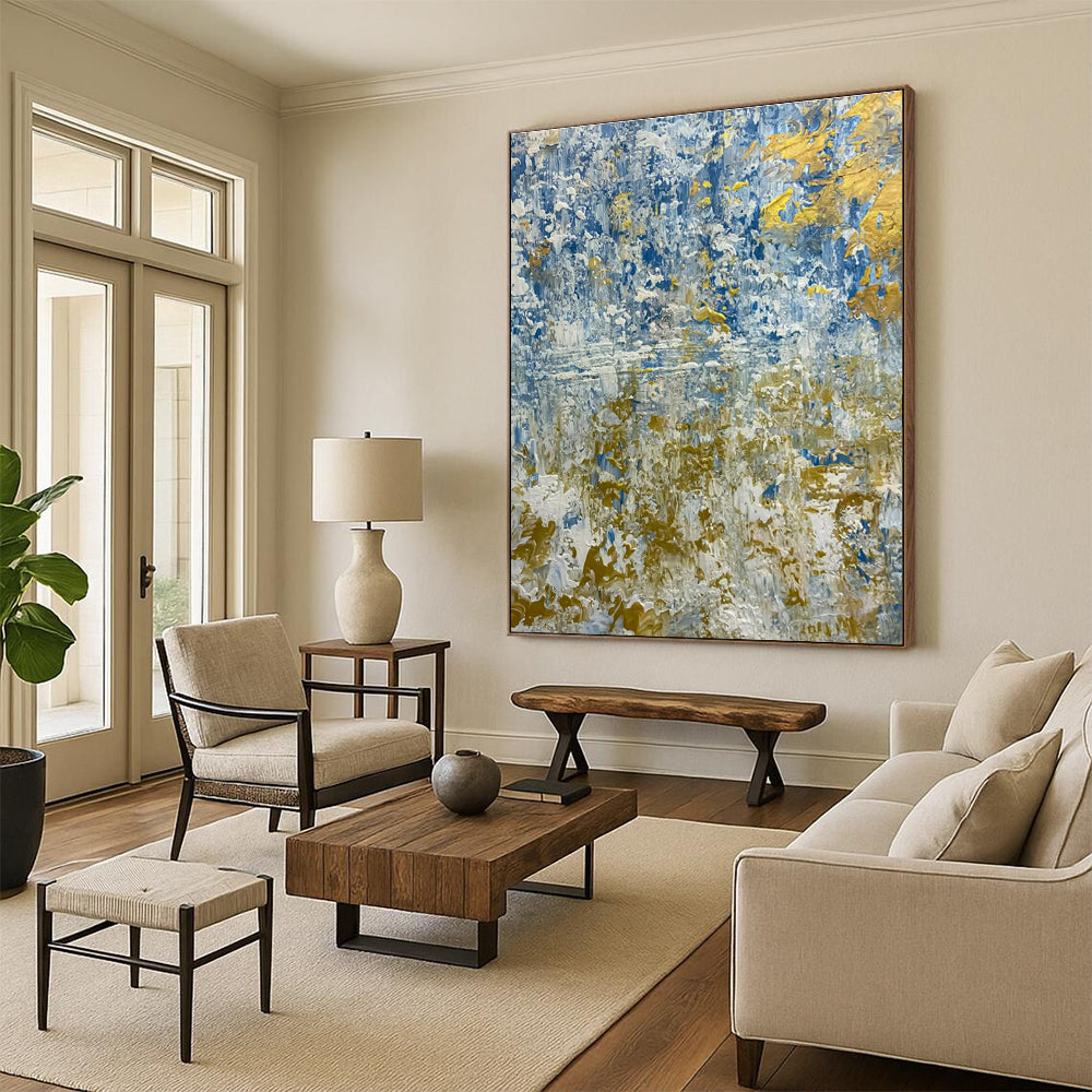 Large Size Blue, Gold, and White Textured Landscape Abstract Art PT726