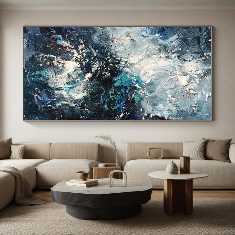 Oversized Abstract Wall Art Blue, White, and Teal Textured Sea Abstract Art PT756
