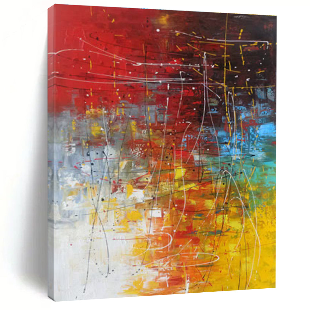 Oversized Abstract Wall Art in Red, Yellow, Blue, Green, and White Abstract Lines and Shapes PT249