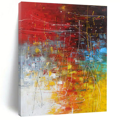 Oversized Abstract Wall Art in Red, Yellow, Blue, Green, and White Abstract Lines and Shapes PT249
