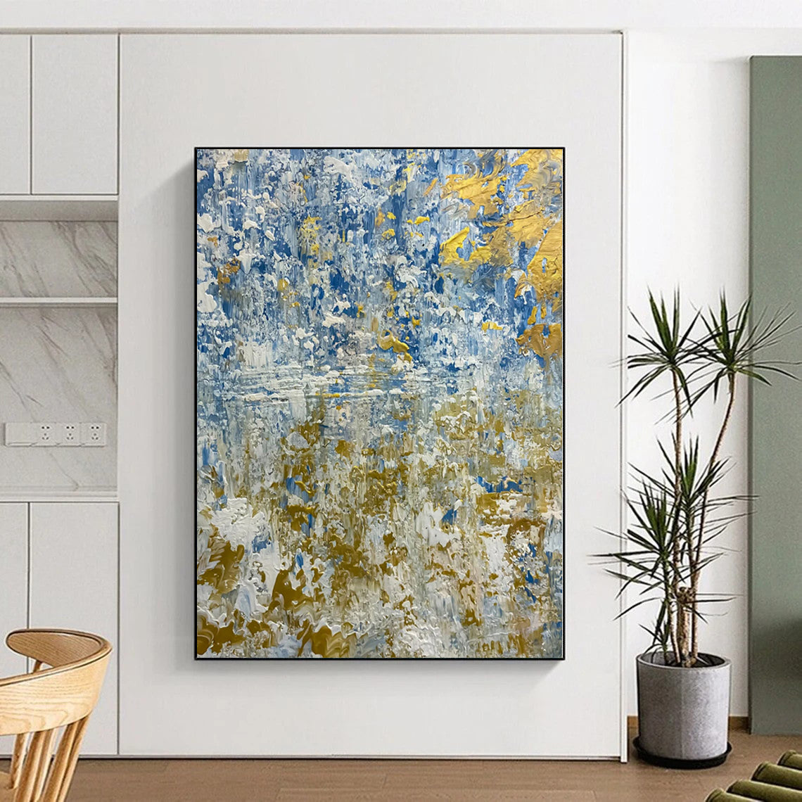 Hand Painting Blue, Gold & White Textured Abstract Painting On Canvas PT108