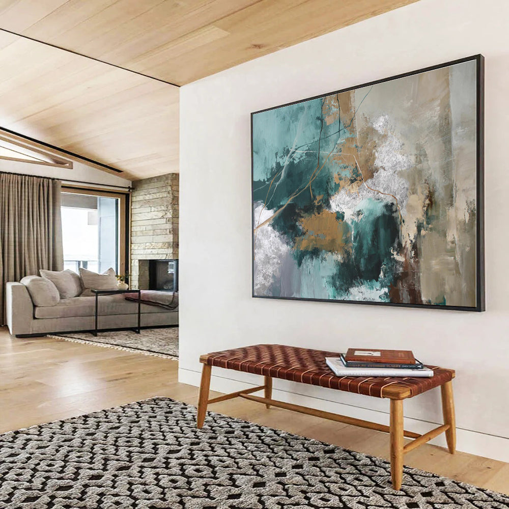 Cool Abstract Paintings Teal, Gold & Silver Textured Abstract Painting On Canvas HPS114