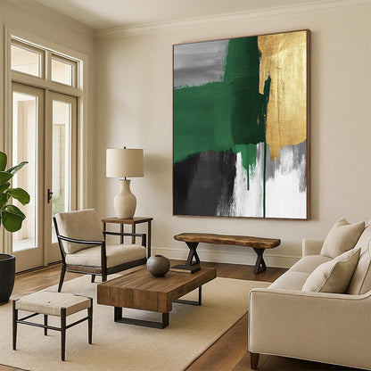 Original Large Abstract Paintings For Sale With Green, Gold, Gray, Black Textured Brushstrokes On Canvas PT197
