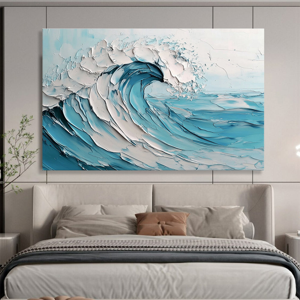 Gaint Canvas Art Blue & White Textured Wave Impressionistic Acrylic Painting HPS242