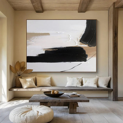 Large Painting In Living Room Black, White, and Beige Abstract Minimalist Art HPS355