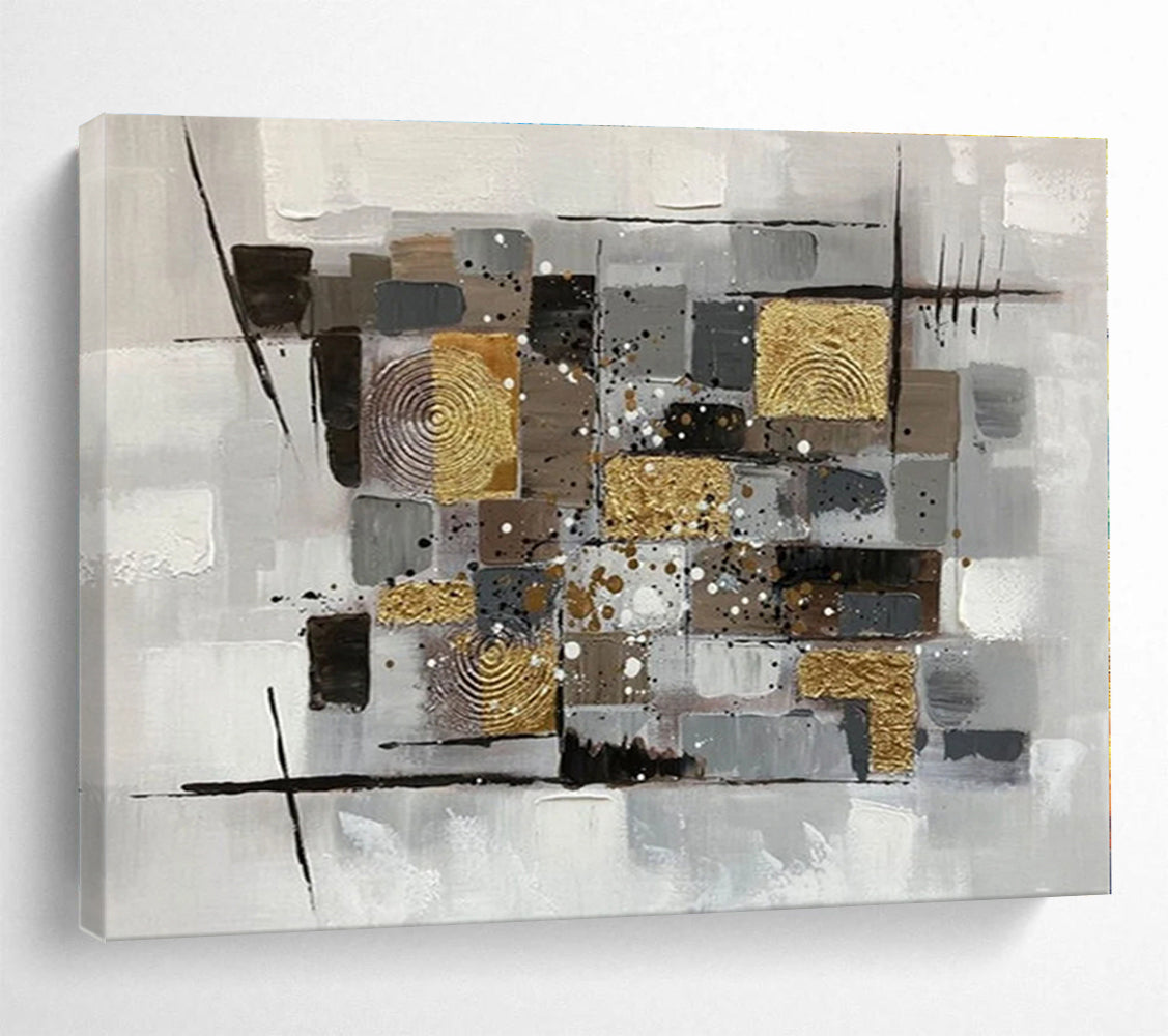 Hand-Painted Gray, Gold & Black Geometric Abstract Painting On Canvas HPS091