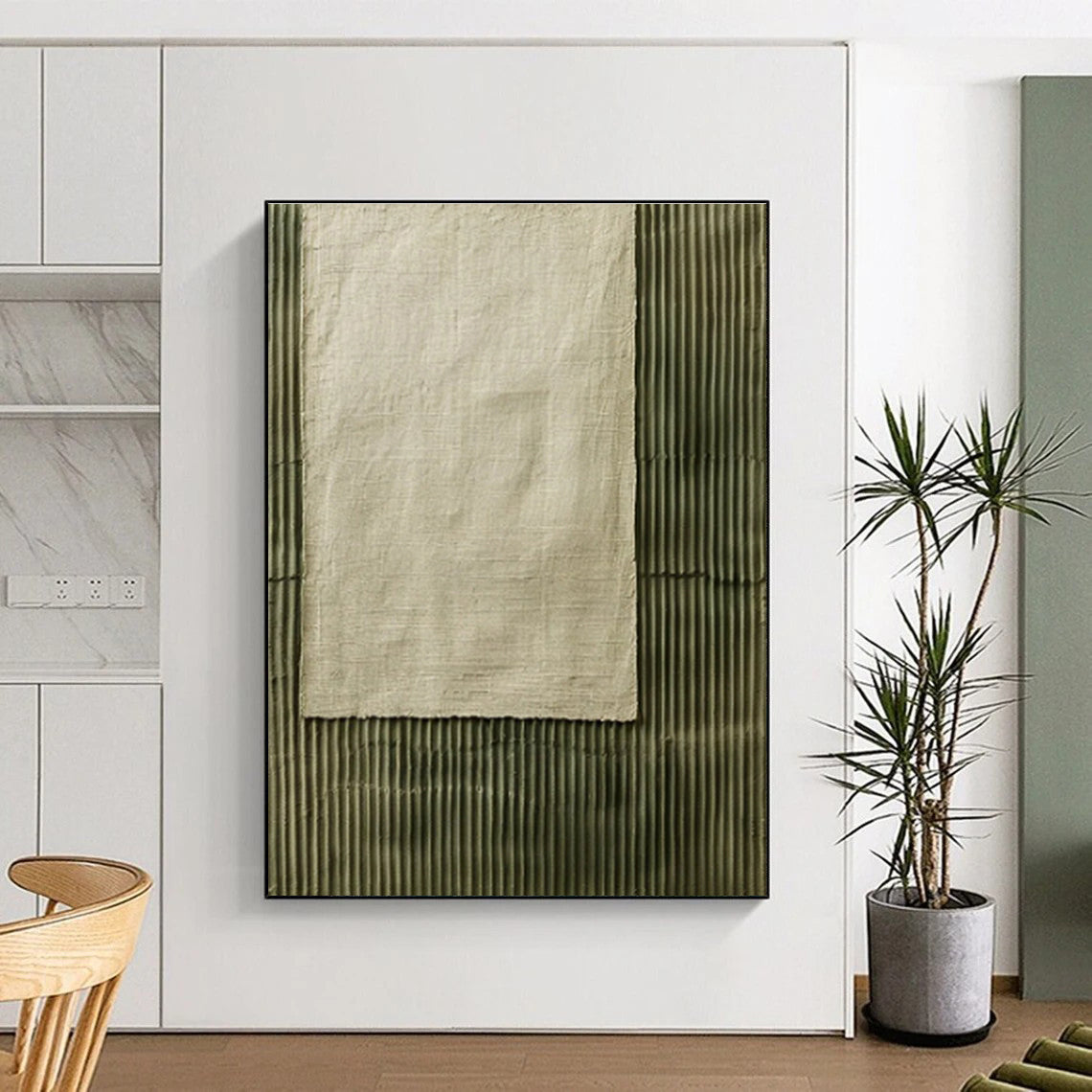 Unique Abstract Art Green Beige Textured Fabric Abstract Art PT356