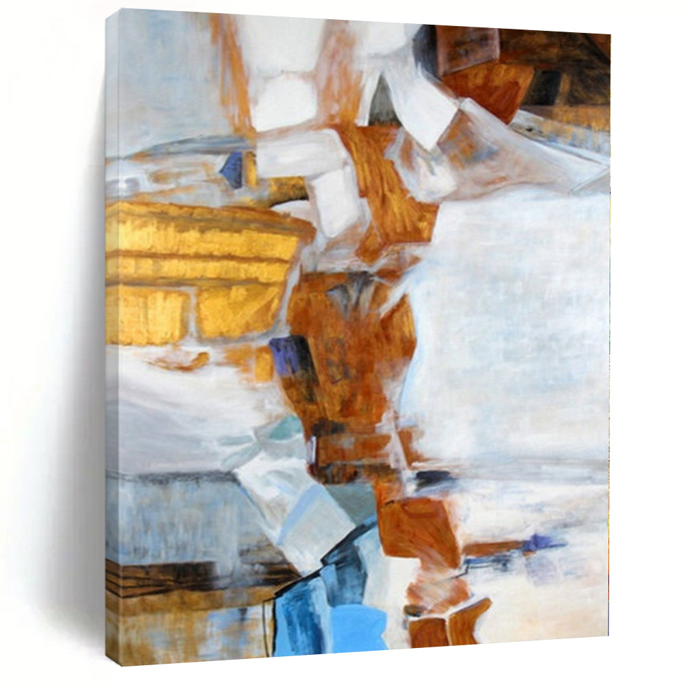 Hand Painted Art with Brown, White, and Blue Geometric Abstract Shapes, Large Contemporary Wall Art PT003