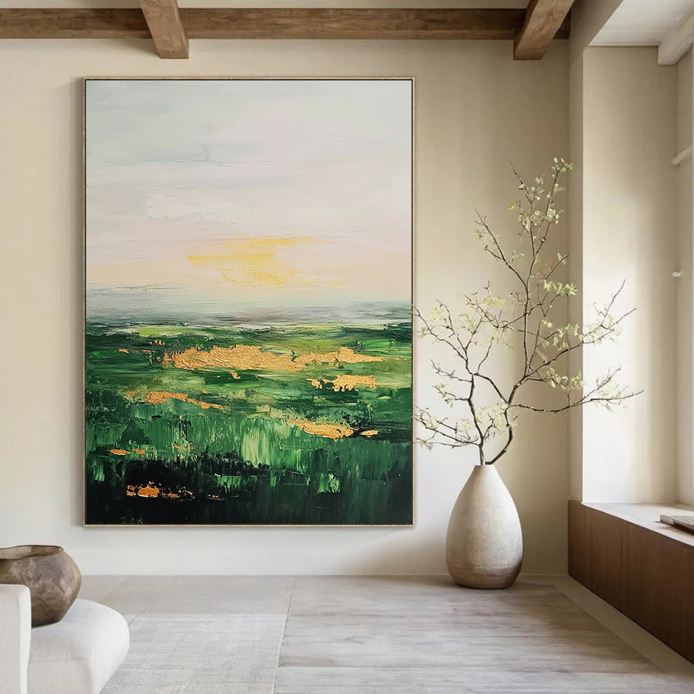 Large Contemporary Wall Art Green, Gold, and Gray Abstract Landscape Painting DPS436