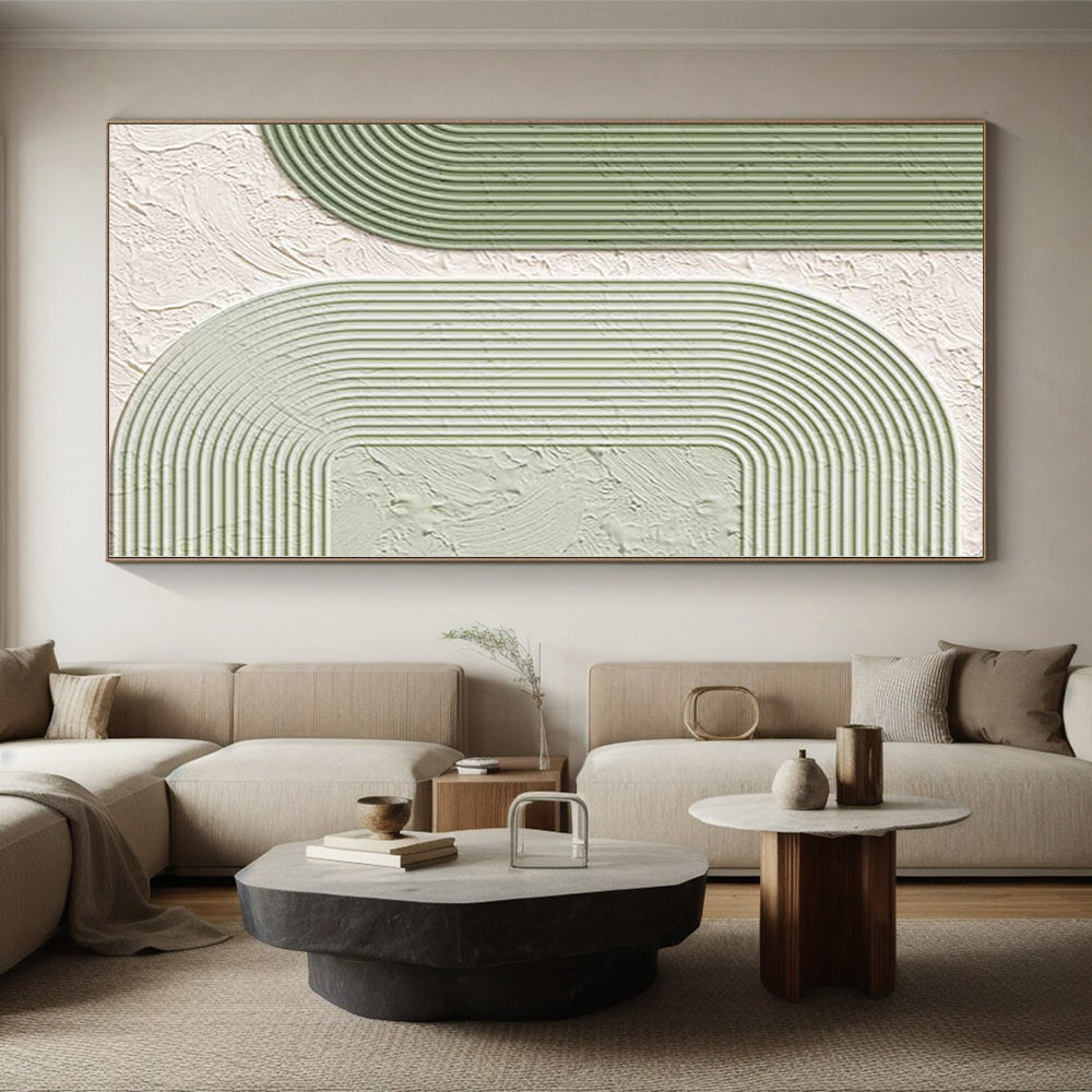 Oversized Abstract Wall Art Green & White Geometric Textured Abstract Painting On Canvas PT078