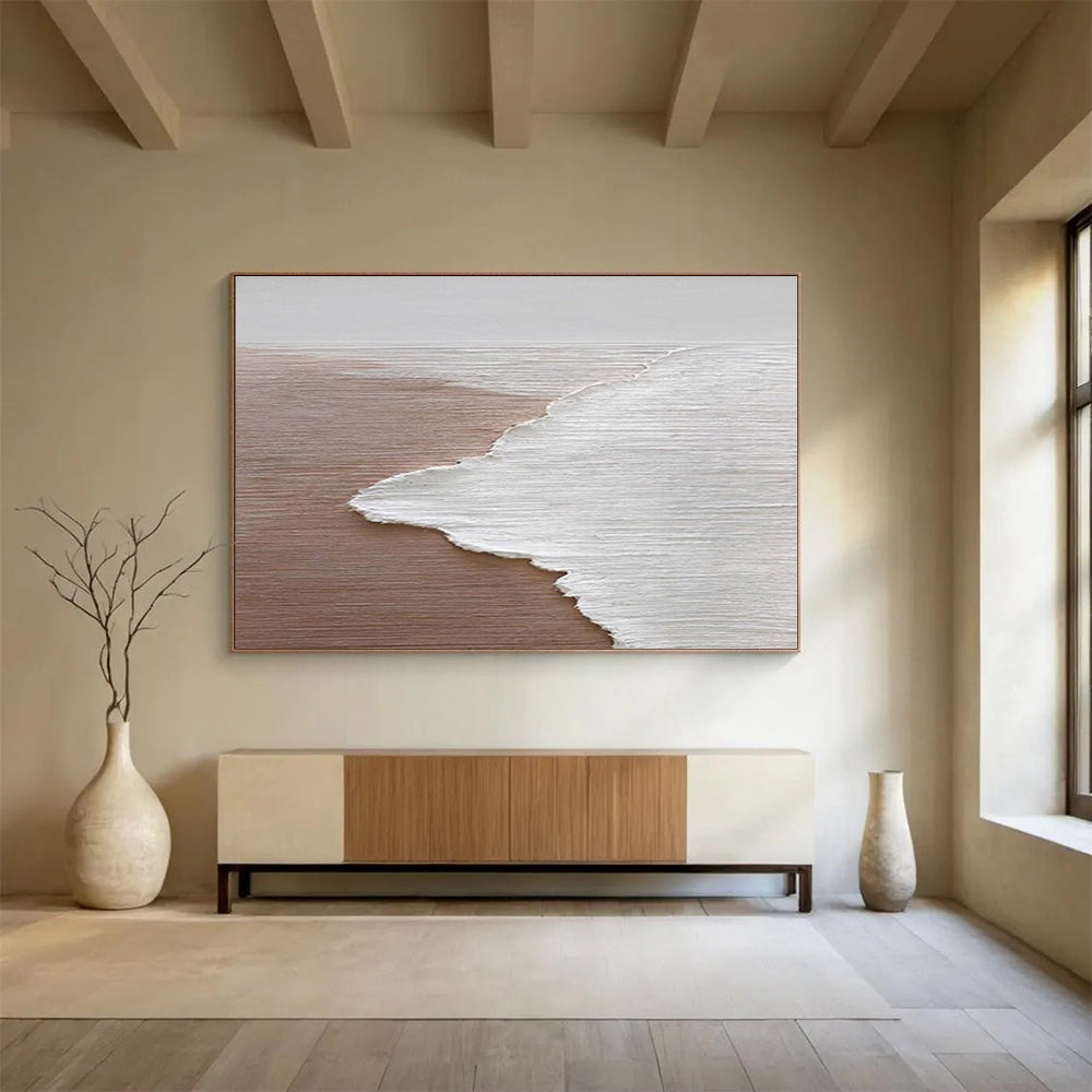 Large Painting In Living Room Beige & White Abstract Coastal Art HPS220