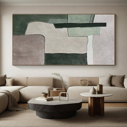 Large Painting In Living Room Green Gray Abstract Geometric Acrylic Art PT436