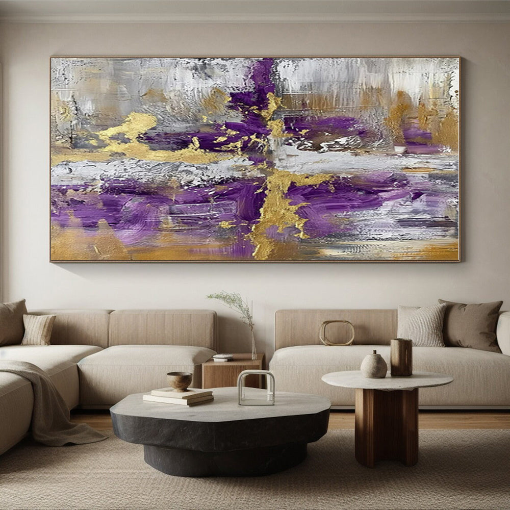 Hand Painted Art - Purple, Gold & Gray Geometric Abstract Art with Textured Details PT593